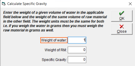 Entering the weight of water to calculate specific gravity