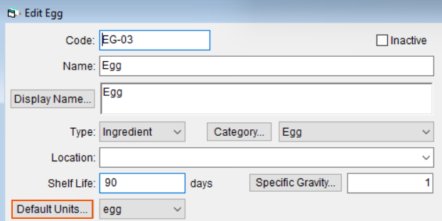 A raw material profile with the default units button highlighted