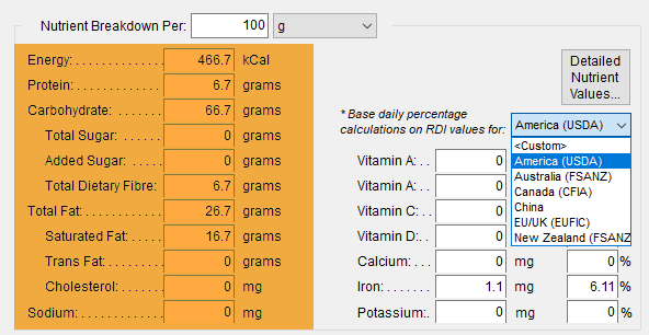 Enter basic nutrients for a raw material such as energy, protein, sugars, sodium.