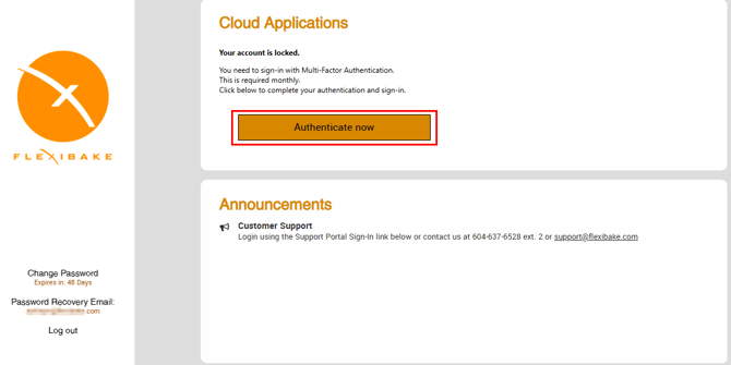 FlexiBake login showing MFA approval prompt