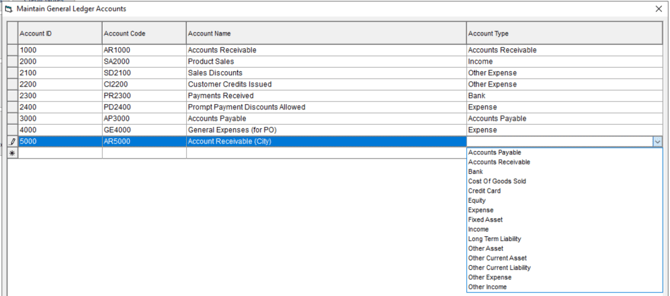 Maintain General Ledger Accounts window showing Account ID, Account Code, Account Name, and Account Type fields