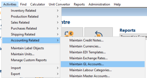 Activities menu open in FlexiBake with Accounting Related and Maintain GL Accounts selected