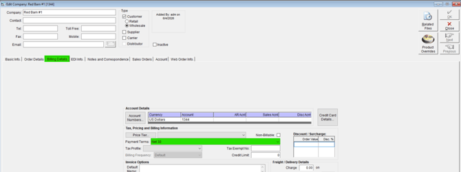 Payment Terms field highlighted in customer record