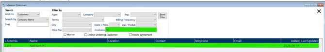 Customer grid in Sales Centre with a customer row selected