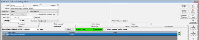 Open the Ingredients tab on a product record to set Batch Time.