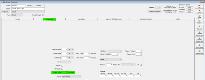 Open the Production tab on a recipe record to set Batch Time.
