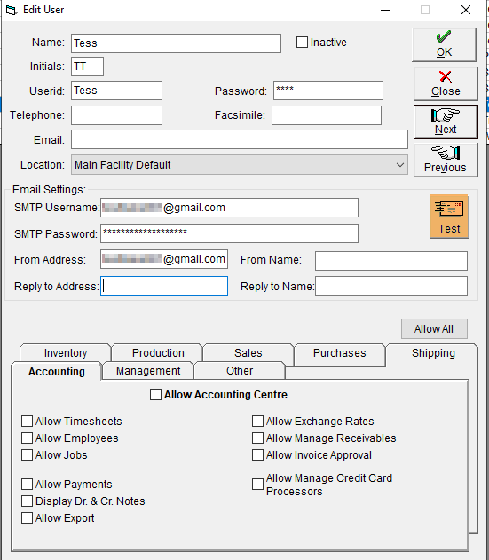 Edit User - SMTP Test
