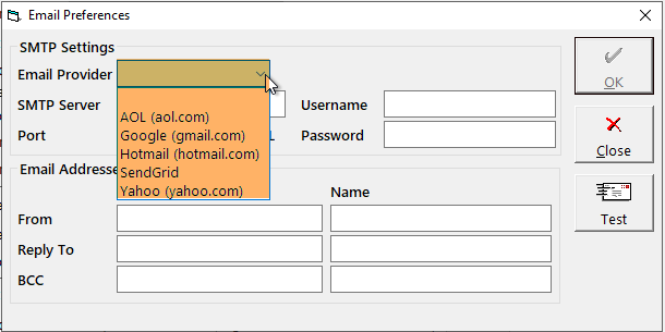 Email Prefs - SMTP Info Drop-down