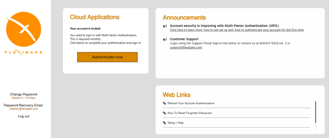 FlexiBake Login showing MFA approval prompt
