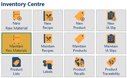 The Inventory Centre in FlexiBake with the "Maintain Raw Materials" button highlighted