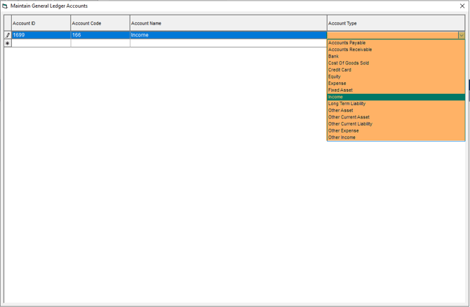 Maintain GL Accounts - Select Account Type