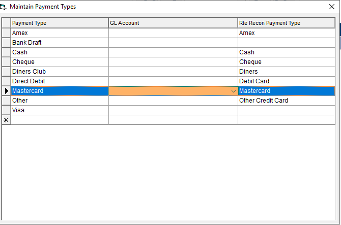 Maintain Payment Types - GL Account Column