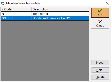 Maintain Sales Tax Profiles - Select Tax Profile