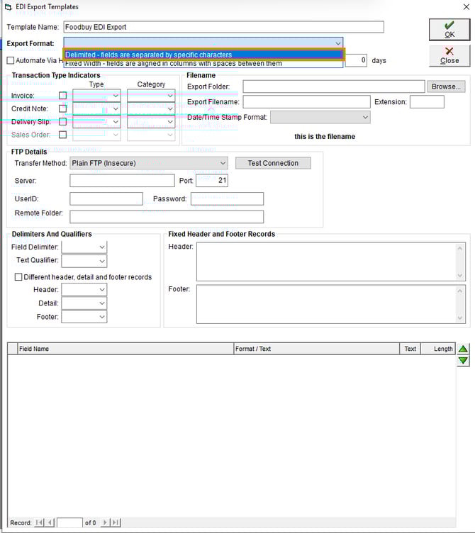 New EDI Template - Select Export Format