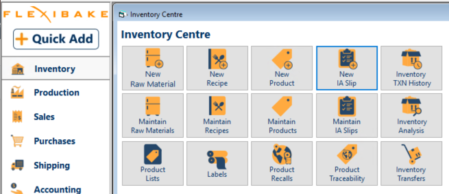  Location of the New IA Slip button in the Inventory Centre
