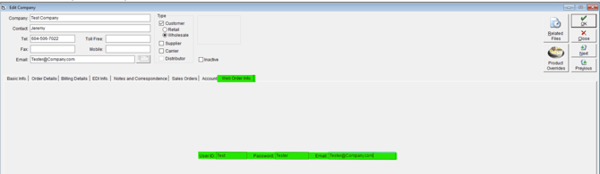 Customer Web Order Info showing User ID and Password fields used for Online Ordering Portal access
