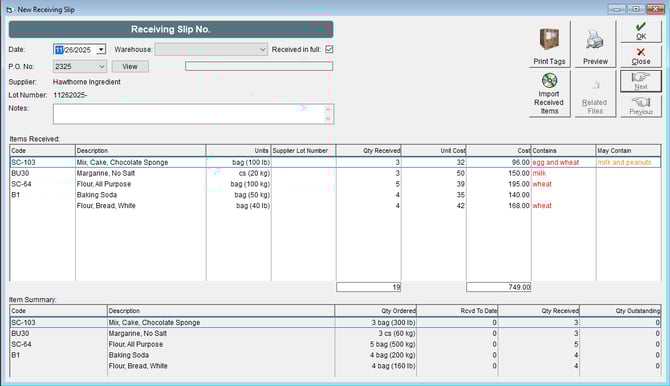 Receiving Slip Allergens