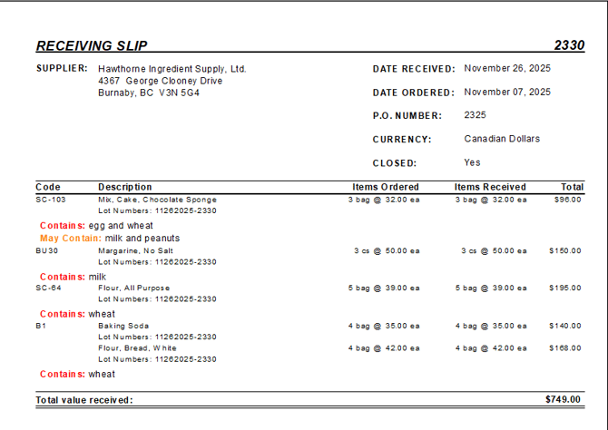 Receiving Slip Report Allergens