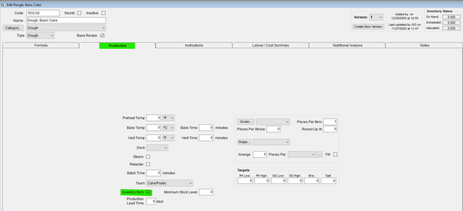 Open the Production tab on a recipe record.