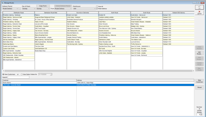 Manage Routes screen showing customers being dragged into a route column and reordered into delivery sequence