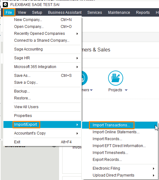 Sage - Invoices Import Menu