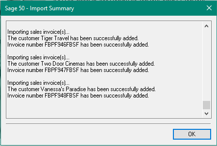 Sage - Invoices Import Summary