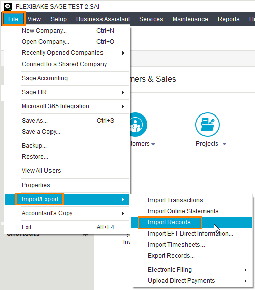 Sage 50 - Product Import Menu