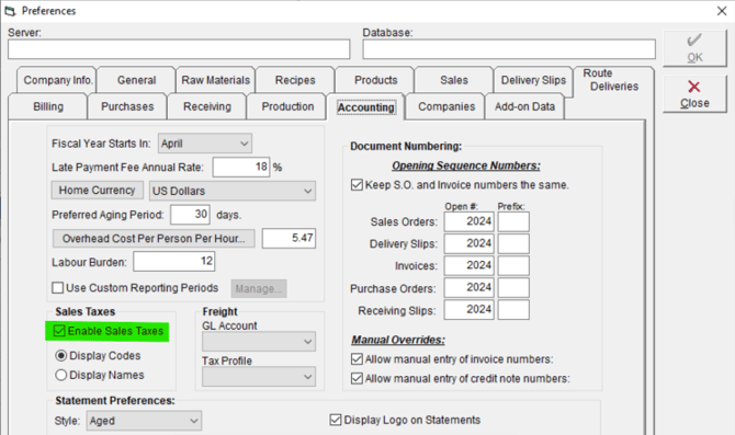Accounting tab open in FlexiBake Preferences with Sales Taxes settings visible