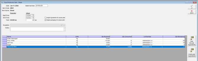 Close Production Item Window