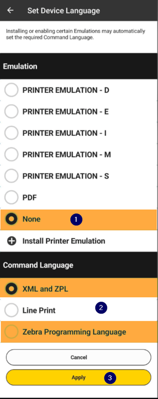 Zebra - select device language