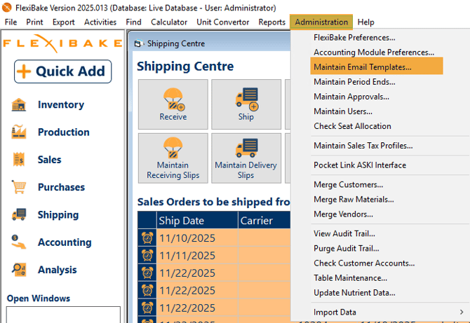 email template admin menu