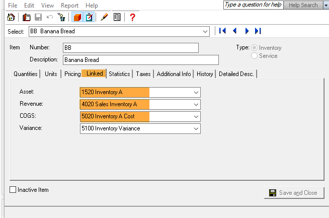 sage - product GL accounts