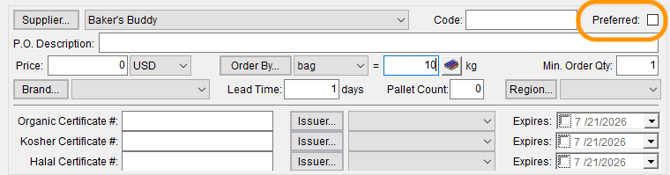 Preferred checkbox highlighted to set the default supplier used on purchase orders.