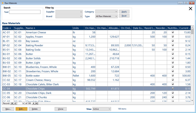 Maintain raw materials screen with a raw material selected