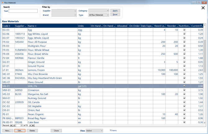 Maintain Raw Materials screen with milk highlighted