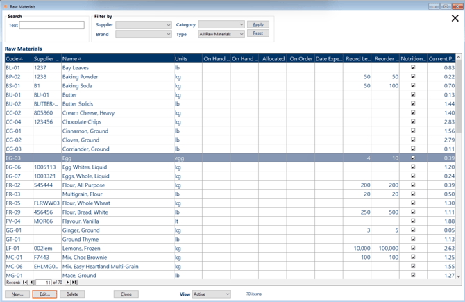 Maintain raw materials screen with the edit button highlighted