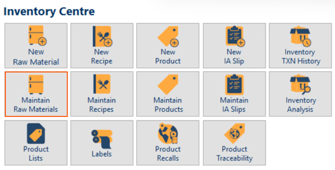 Inventory Centre with Maintain Raw Materials Highlighted