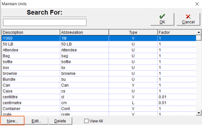 Default unit window with the New button highlighted