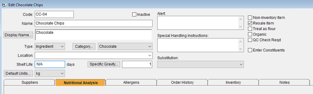 Editing a raw material and selecting the Nutritional Analysis Tab