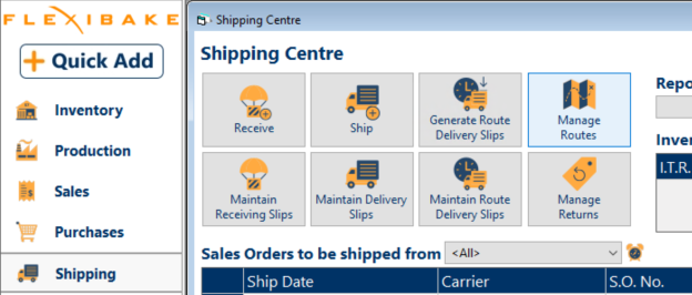 Shipping Centre screen with Manage Routes button selected