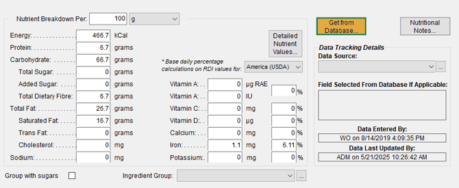 Selecting the Get from Database button to add nutritional information to a raw material from the CNF or USDA Nutrient Database