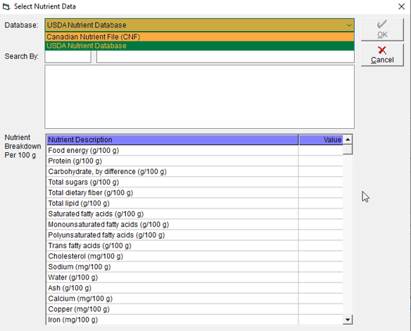 Choose which nutrient database you want to pull nutritional information from within FlexiBake.