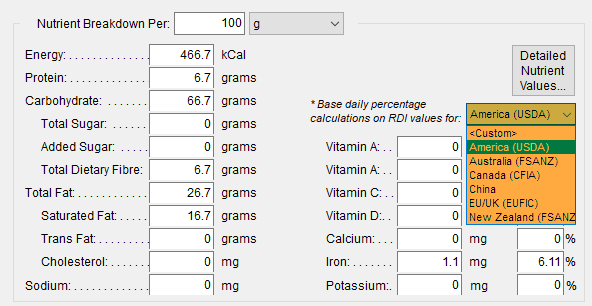 Within FlexiBake's Nutritional Analysis, select the Region to calculate RDI Values for.