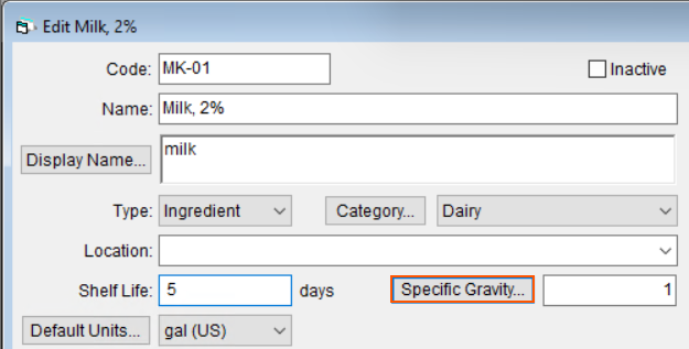Raw Material with specific gravity button selected