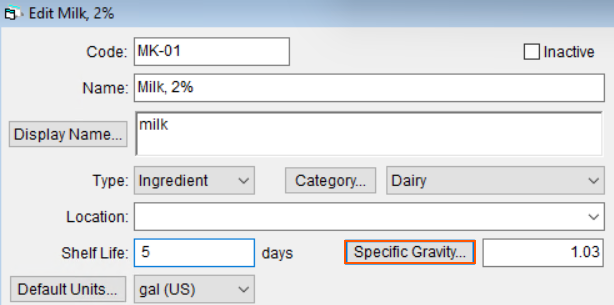 Edit a raw material with the specific gravity button highlighted