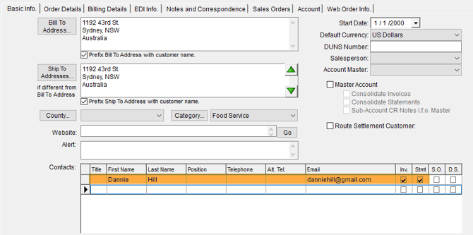 Contacts tab with a new contact being added, including email address