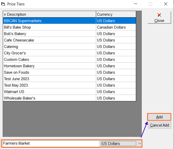 Adding a new Price Tier within the price tier window
