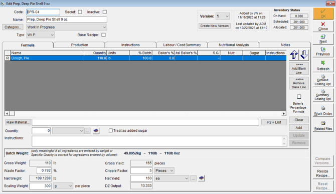 Edit a recipe with the OK button highlighted to save changes.