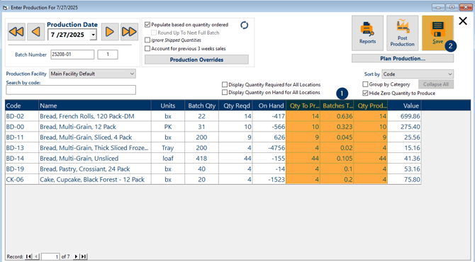 Enter Production window in FlexiBake with the Save button highlighted