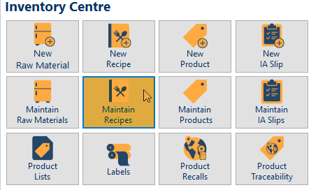 The Inventory Centre screen in FlexiBake with "Maintain Recipes" tile highlighted